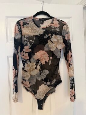 Floral Mesh Long-Sleeve Bodysuit - Black/Pink